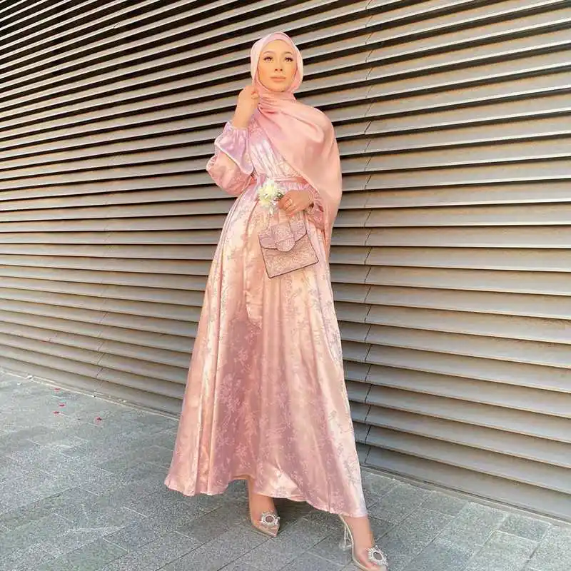 Abito Abaya con maniche a sbuffo Jacquard in seta di lusso tinta unita con sciarpa Hijab Jilbab per abbigliamento etnico da donna musulmana