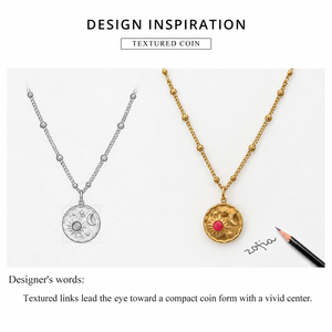 Collier pendentif pièce de monnaie en acier inoxydable émaillé, plaqué or 14K sous vide, chaîne texturée, détails rose et rouge - Product Image 4
