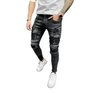 2021 Baru Pria Kurus Streetwear Ripped Kecil Kaki Jeans Hip-Hop Pomo Dicetak Lubang Hancur Slim Stretch Kasual Denim celana