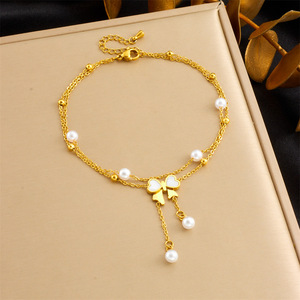 Tobillera de Dos Capas con Diseño de Estrella, Luna y Nube, Chapada en Oro, Acero Inoxidable, Incrustaciones de Concha, Colgante de Perla Sintética, Estilo Minimalista - Product Image 3