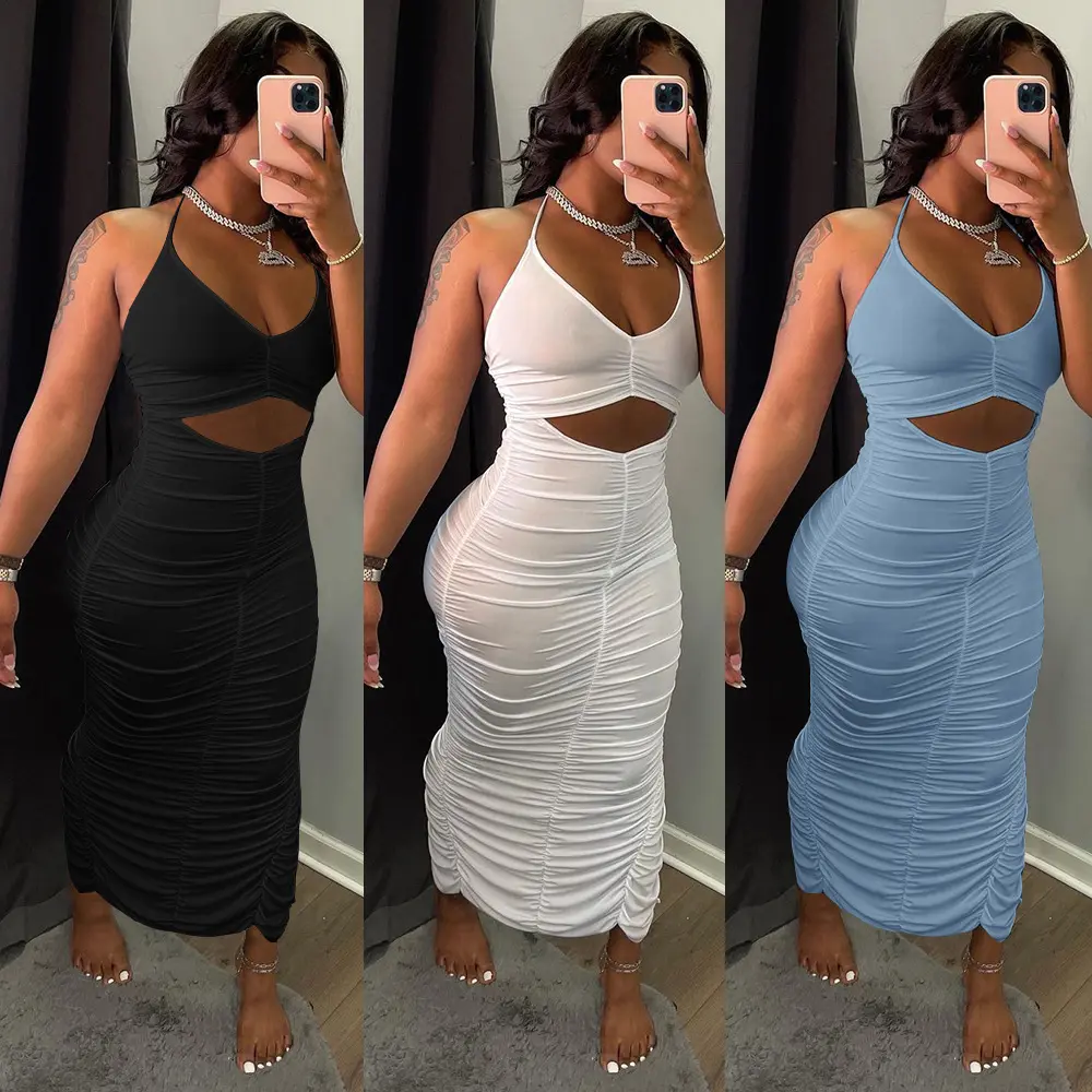 Rahat kadın parti yaz Halter Maxi seksi kulüp elbiseler Bodycon Cut Out bayanlar beyaz kokteyl uzun güneş elbise