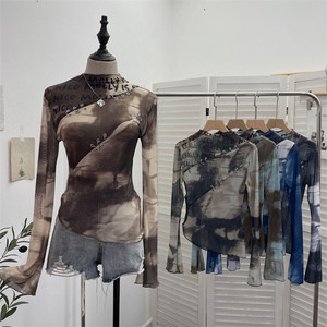 Women's Retro Casual Bottom Long Sleeve T-Shirt Sexy Hollow Out Tie Dye Print Irregular Mesh Hot Girl <strong>Y2K</strong> <strong>Top</strong> - Product Image 2