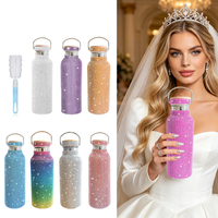 Botol Vakum Stainless Steel Anti Bocor dengan Tutup Bambu Berhias Berlian Imitasi, Tahan Panas dan Dingin, Kapasitas 350ml 500ml 750ml, Cangkir Perjalanan