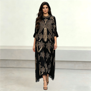 Robe Abaya en Chiffon à Col Rond et Manches 3/4, Style Dubaï, Noir et Or, Ornée de Perles, Kaftan Modeste, Robe Longue Maxi pour Femme, Vente en Gros - Product Image 1