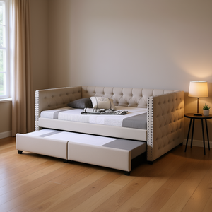 Romona Beige Fabric <b>Daybed</b> Full Size With <b>Trundle</b> Living Room Furniture - Product Image 2