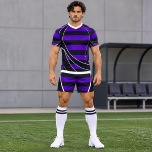2027 New Design Custom <b>Rugby</b> League Uniforms Purple <b>Black</b> Striped Mens <b>Rugby</b> Shirts <b>Shorts</b> Wholesale Team Kits - Product Image 1