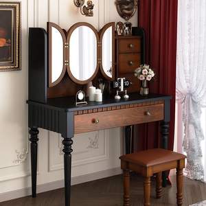 Tocador de Madera Maciza de Roble Estilo Francés Antiguo Retro, Escritorio con Cajones Estilo <span class=keywords><strong>Americano</strong></span>, Gabinete de Almacenamiento con Espejo y Taburete de Maquillaje - Product Image 1