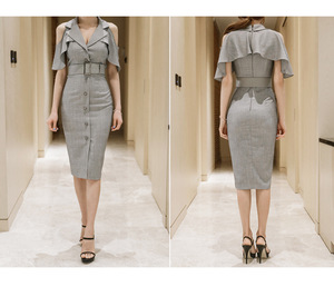 Abito Estivo Grigio con Spalle Scoperte, Maniche Corte, Scollatura a V, Vestito Aderente da Donna con Cintura, Sexy ed Elegante per Feste, Abito Midi a Tubino - Product Image 6
