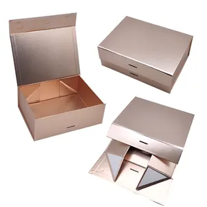 Custom Brand Logo Printing Cosmetic Wedding Packaging Foldable Bridesmaid Proposal Rose Gold Large Gift Box With Ribbon