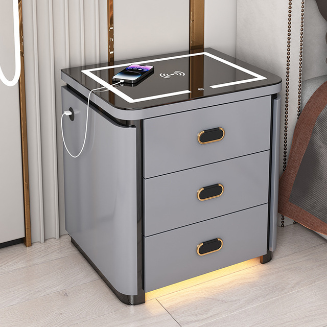 ModHomi For Contemporary Three-Drawer Smart Bedside Cabinet with Wireless Charging LED Lighting Safe Box for Bedroom Furniture