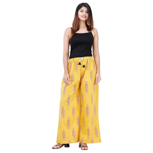 Compre Pantalones Palazzo de Algodón Estampado Amarillo, Talla Única, Estilo Étnico, de Pierna Ancha, Casuales, de Verano, para Mujer - Product Image 5
