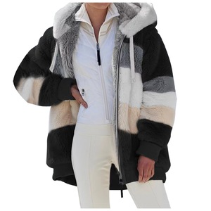 Femmes rétro mince Blazer à manches longues grande taille polaire <span class=keywords><strong>veste</strong></span> en peluche lapin hiver université fermeture éclair à capuche Parkas Patchwork - Product Image 3