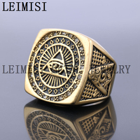 Bague Chevalière Maçonnique Classique pour Homme en Acier Inoxydable 316 Plaqué Or, Massif et Robuste, avec Symbole de l'Œil Qui Tout Voit et Diamants, Vente en Gros