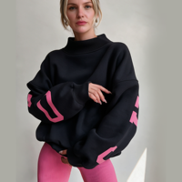 Sweat-shirt oversize pour femme à col montant, coupe décontractée, imprimé 3D en relief, en molleton de coton, pull décontracté