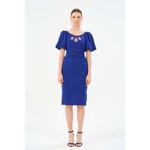 Haut décontracté à motif uni bleu Saxony pour femme DANS, avec manches régulières et col rond, disponible en tailles 38-42, modèle 1560 - Product Image 1