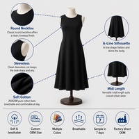 Robe Midi en Coton Doux à Col Rond et Sans Manches Coupe Trapèze pour Femme, Noire, Décontractée, Personnalisable avec Logo OEM, Vente en Gros