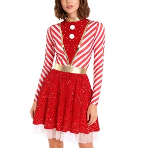 <b>Womens</b> Candy Cane Stripe Xmas Sequin <b>Dress</b> Gold V Trim Mock Collar Pom Pom Cosplay Show Costumes - Product Image 2