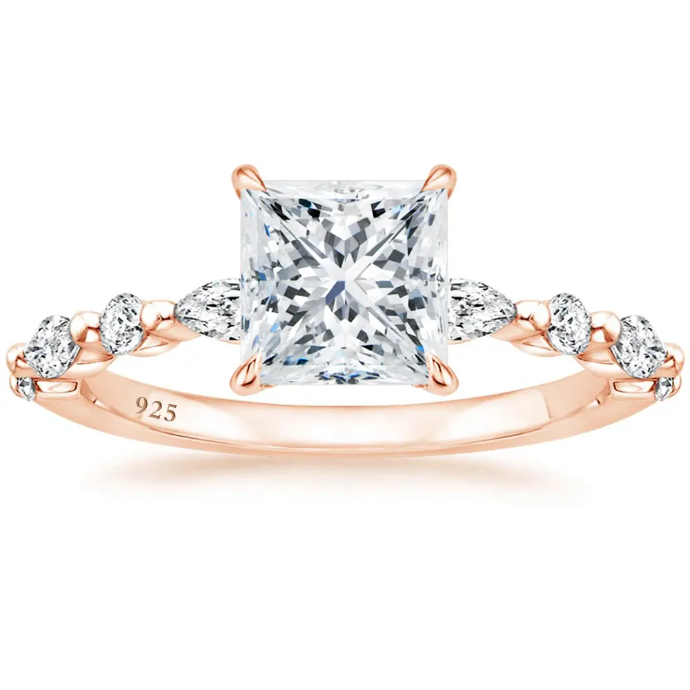 Somen Rose Gold 2ct 925 Sterling Silver Ring Women Princess Cut CZ Engagement Ring Cubic Zirconia Wedding Band Fashion Jewelry