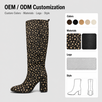 Bottes pour femmes en cuir véritable à pois noirs et or vintage, à talon épais, hauteur genou, avec fermeture éclair latérale, confortables