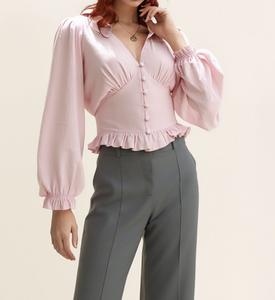 Wholesale Pink Visco/Nylon Blouse with <b>Balloon</b> Sleeves Ruffles Crop Top Women's Casual Simple Regular Fit - Product Image 2