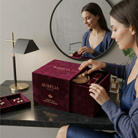 Boîte à tiroirs en velours bordeaux de luxe personnalisée avec ruban et finition dorée pour l'emballage cosmétique, maquillage, kit de beauté, présentation PR