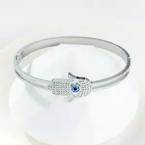 Gelang tangan mode mata biru Fatima untuk wanita gelang baja tahan karat berlapis emas 18K perhiasan gelang antik