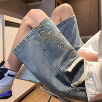 Shorts en jean brodés respirants de style chinois pour hommes, tendance estivale, marque, pantalon mi-long, coupe ample, droit, cinq points