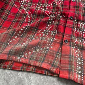 High Quality Lapel Rhinestone <b>Oversized</b> T-<b>shirt</b> Acid Wash Checkered Long Sleeve T <b>Shirt</b> Custom 100% Cotton <b>Flannel</b> <b>Shirt</b> For Men - Product Image 4