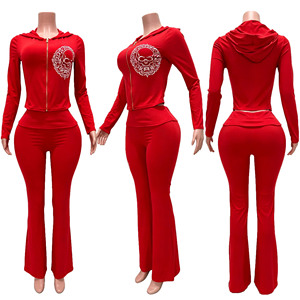 Set Dua Potong Wanita Jaket Crop Berkerudung dengan Ritsleting dan Celana Flare Motif Tengkorak Tracksuit Streetwear - Product Image 6