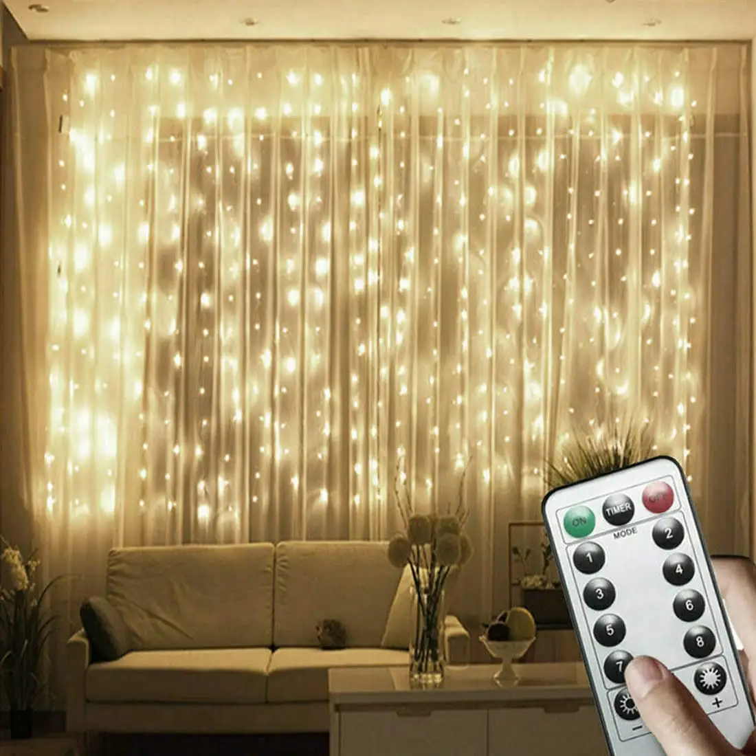 Blanco cálido 3x3m 9.8ft Ventana de pared del hogar 8 modos Control remoto IR 300 LED Cadena Interior DIY Cortina Decoración de hadas Luz