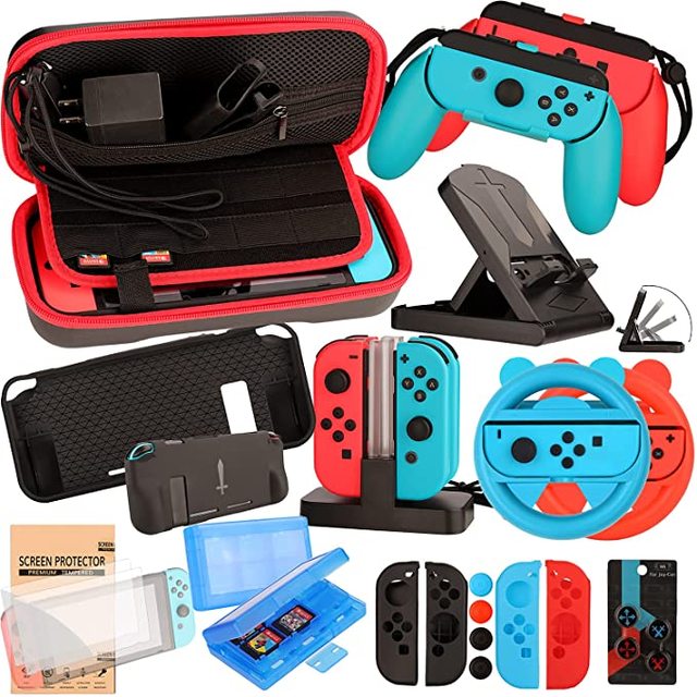 21 in 1 Games Bundle Wheel Grip Carrying Case Screen Protector Controller Game Accessories Kit for Nintendo Switch OLED