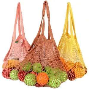 Dapat digunakan kembali pegangan panjang jaring katun Tote sayuran Mesh belanja tas belanja untuk penyimpanan buah