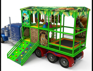 Remorque de terrain de jeu mobile sur le thème du zoo de la jungle personnalisée avec trampoline et piscine à balles - Aire de jeux souple portable sur le thème des animaux pour la <span class=keywords><strong>location</strong></span> événementielle - Product Image 1