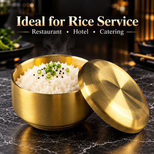 Bol à riz coréen en acier inoxydable 304 avec couvercle 420 ml, vaisselle en métal brossé doré pour restaurant, hôtel, restauration, vente en gros - Product Image 2