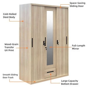 <span class=keywords><strong>Armadio</strong></span> in Metallo <span class=keywords><strong>con</strong></span> Finitura Effetto Legno, 3 Ante Scorrevoli, <span class=keywords><strong>Specchio</strong></span> e Cassetti, per Camera da Letto - Product Image 3