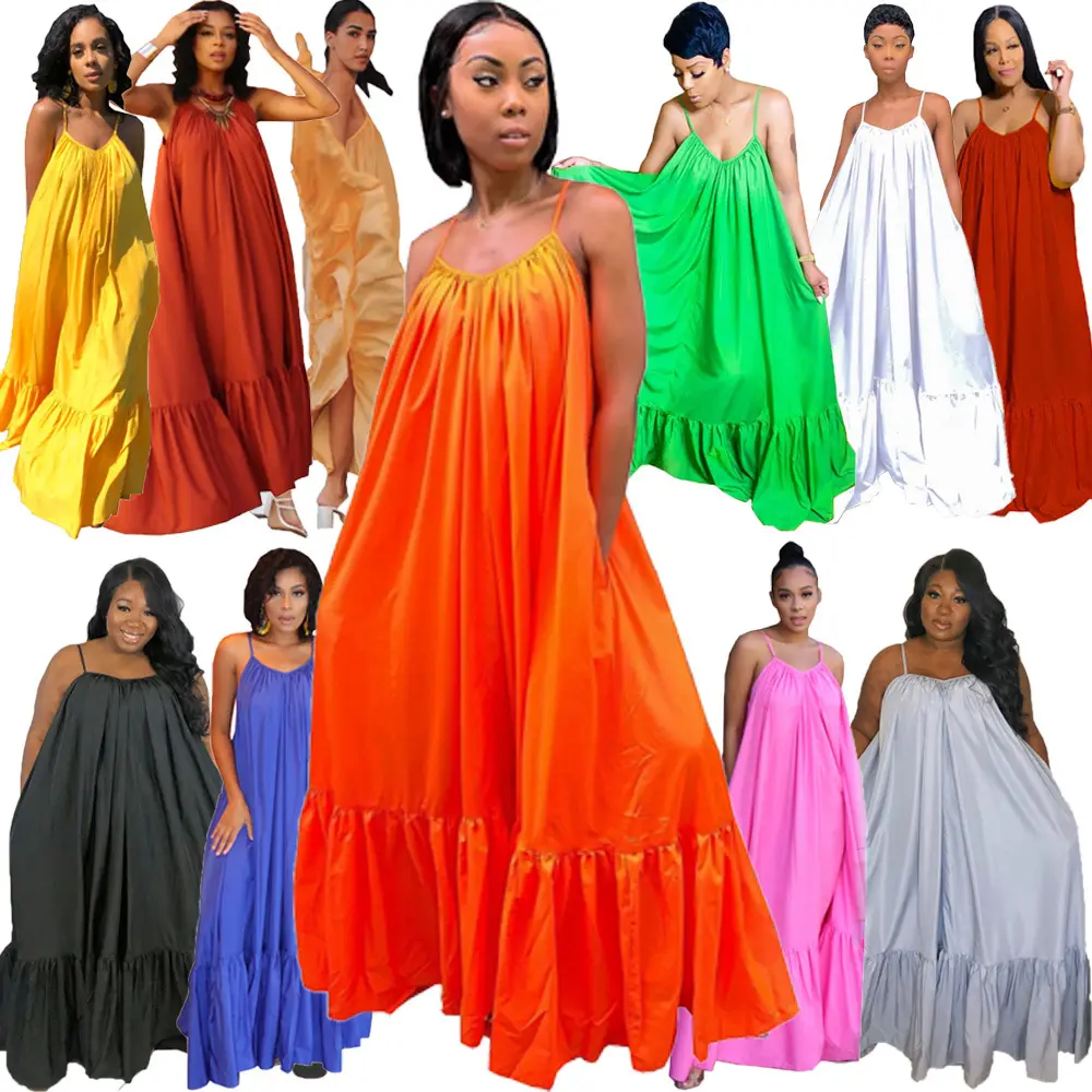 2022 Zomer Sexy Plus Size Vrouwen Kleding Spaghetti Band Effen Kleur Oversized Losse Vrouwen Casual Lange Jurk Maxi Jurk