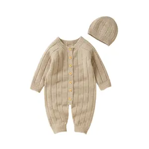 Jumpsuit Bayi Baru Lahir Musim Gugur Baju Monyet Sweter Rajut Mulus dengan Topi