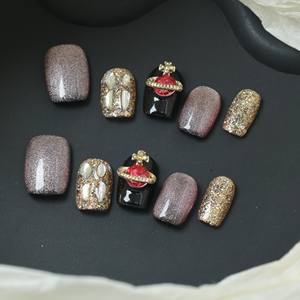 Uñas postizas de acrílico de lujo, cortas, negras, con cobertura completa, hechas a mano, con pedrería de estrellas, precio de fábrica, venta al por mayor. - Product Image 3