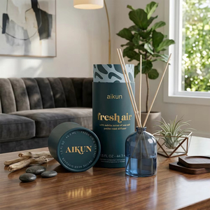 Diffuseur de parfum en verre bleu teinté Aikun MMB 44 ml, parfum océan frais, avec bâtonnets en rotin naturel, boîte cadeau cylindrique pour la table de chevet de la chambre - Product Image 1