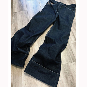 Jeans Classici da Uomo Blu Scuro/Nero con Stampa Leopardata, Cuciture Bianche a Contrasto, Gamba Svasata, Stile Streetwear Audace - Product Image 4