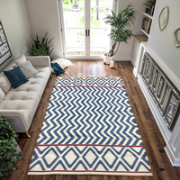 Handwoven Washable Anti-Slip Eco-Friendly Cotton Rug Bold Blue Zigzag Field Diamond Edge Panels Accented Red Stripes Low Pile