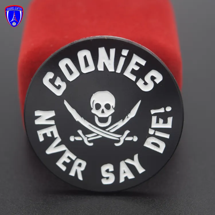 wholesale custom black plating round pin badge GOONIES soft enamel pin for promotional souvenir gifts
