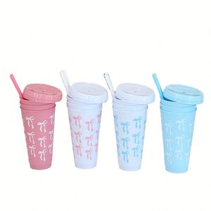 Eco Friendly 24oz Plastic <b>Cold</b> <b>Cup</b> With Lid Straw Bow White Pink Blue Outdoor Travel Party Drinking Tumbler - Product Image 2