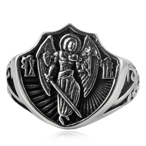 Anillo con escudo de San Miguel de Yunnique, color acero, joyería de moda para hombre, regalo, diseño geométrico - Product Image 4