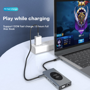 <strong>Docking</strong> <strong>Station</strong> 13 in 1 Hub Adapter TYPE C to USB3.0*2+USB2.0+PD+RJ45+HD-MI+Audio+VGA+TF+SD Slot+UCB-C DATA*2+Wireless Charger - Product Image 4