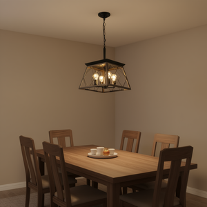 Modern Walnut Black Iron 4-Light Pendant Chandelier <b>Adjustable</b> Cage Design Dining Kitchen Metal Hanging Light - Product Image 2