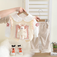 Titel Peutermeisjes lente driedelige outfit 3D Bunny Decor Ruffle Collar gebreide top corduroy broek schattige kledingset