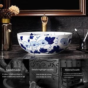 Jingdezhen bak cuci kamar mandi keramik, Meja atas wastafel kamar mandi gambar tangan biru dan putih - Product Image 3