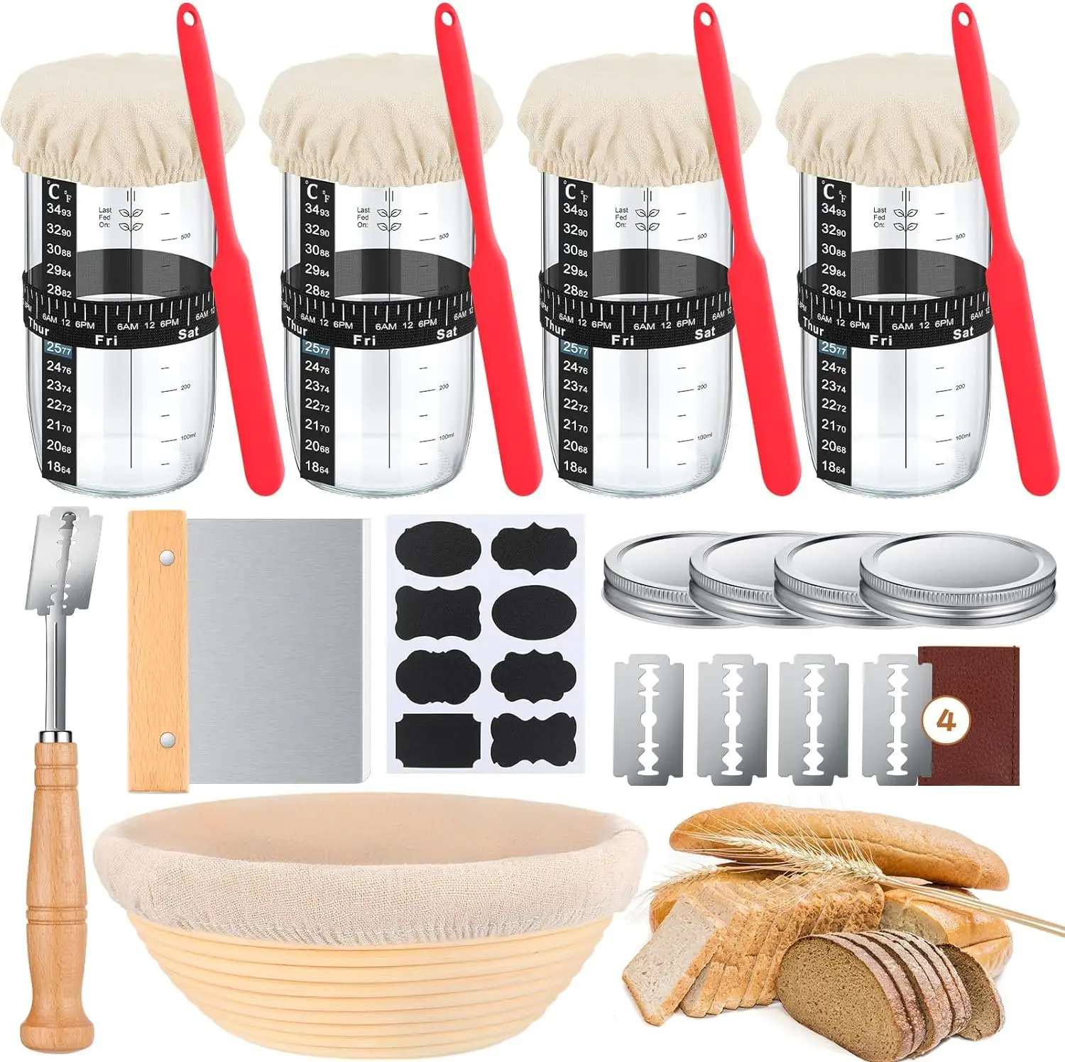 Sourdough Starter Kit 24 Oz Jar Và 9 "Bánh Mì Chống Basket Set Sourdough Bánh Mì Nướng Nguồn Cung Cấp Với Nhãn Bánh Mì Làm Công Cụ