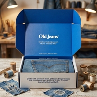 Boîte d'emballage personnalisée haut de gamme bleu et blanc pour jeans, imprimée avec un motif avion, avec logo et histoire de marque, pour l'emballage de vêtements et de jeans